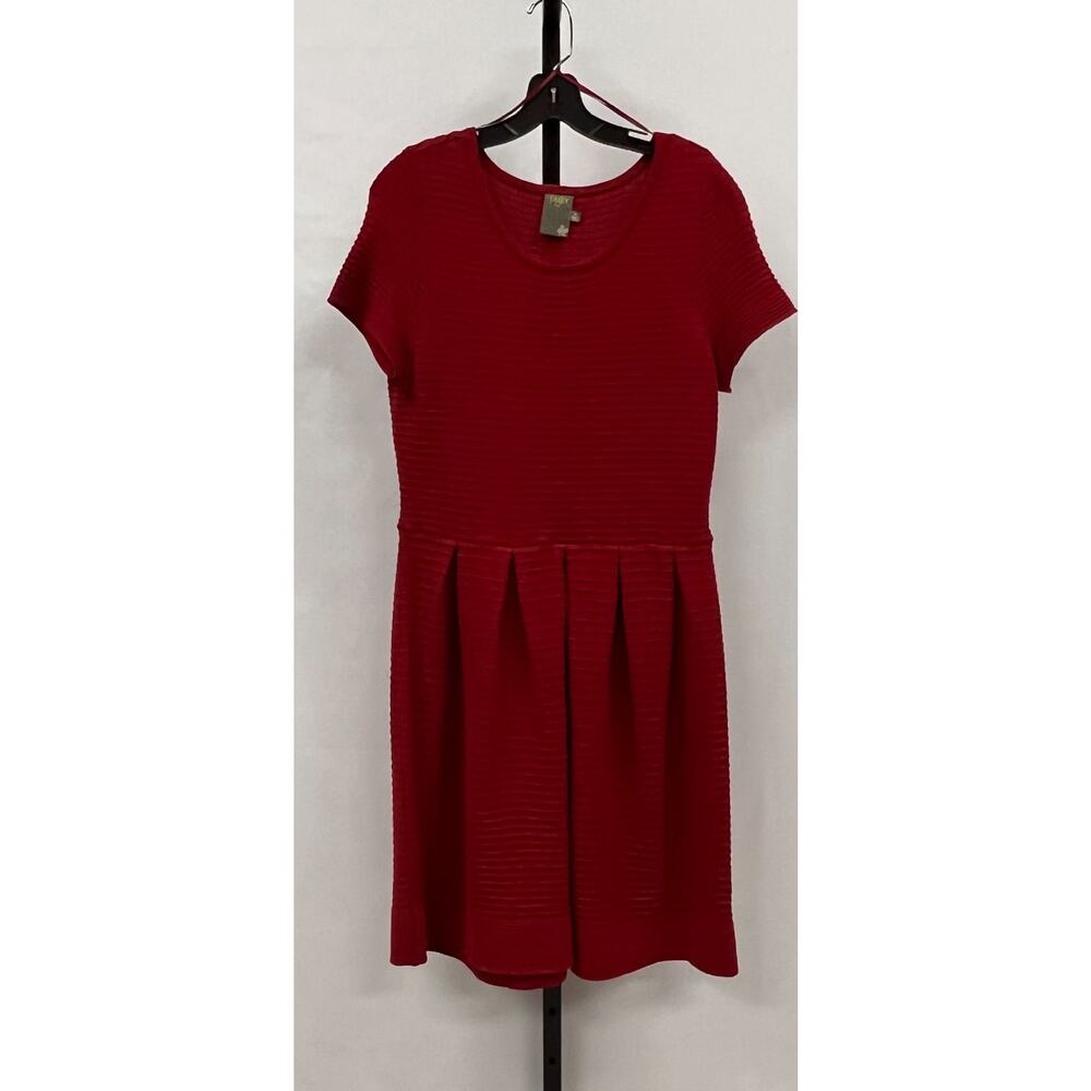 Taylor Women's Red Ribbed Textured Fit & Flare Dress Size L Petite Short Sleeve